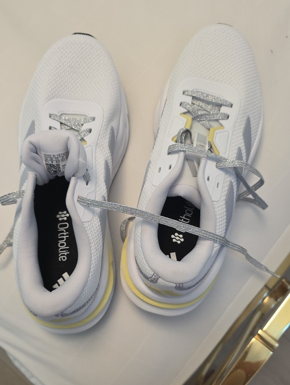 adidas White Sneakers with Silver Accents and Yellow Heel Tab Brand New